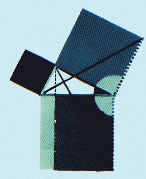 Diagram of the Pythagorean theorem proof from Oliver Byrne's 1847 edition of Euclid's Elements, rendered in the site's halftone palette.